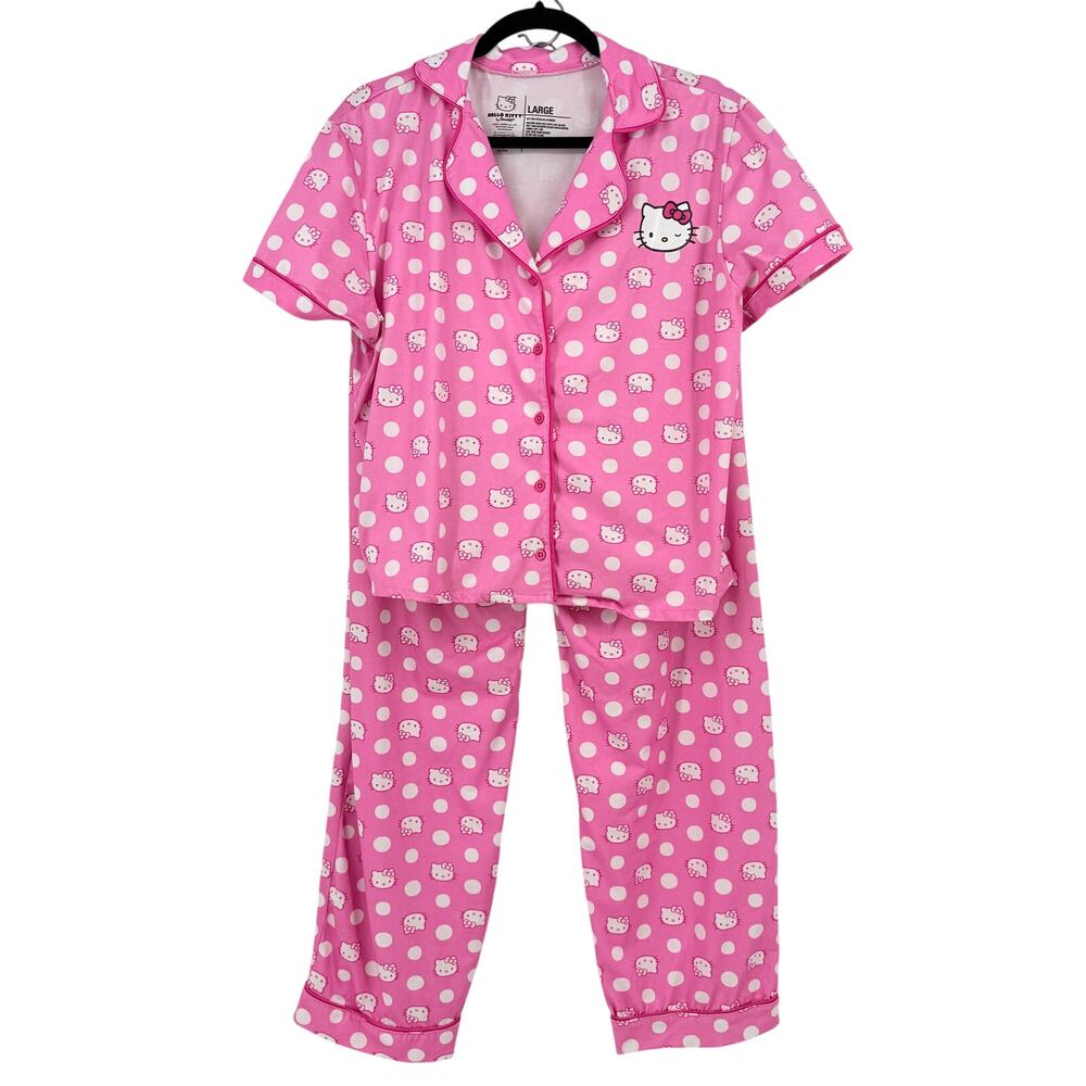 Hello Kitty Sanrio Pink 2pc Pajama Lounge Set Womens Sz L Button Front Elastic
